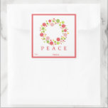 Adesivo Quadrado PEACE Christmas label red border<br><div class="desc">Coordenadas de etiquetas PEACE com papel embrulho de presente e fita de papel.</div>
