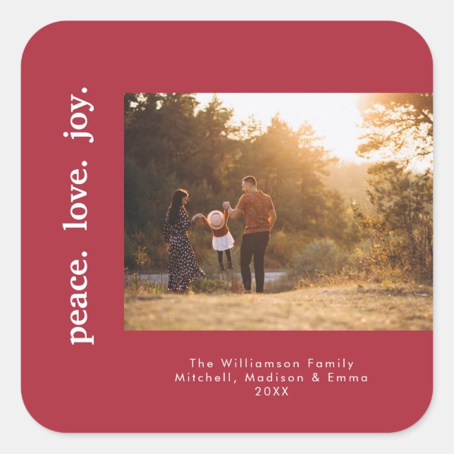 Adesivo Quadrado Peace Love Joy Holiday Christmas Family Photo (Frente)