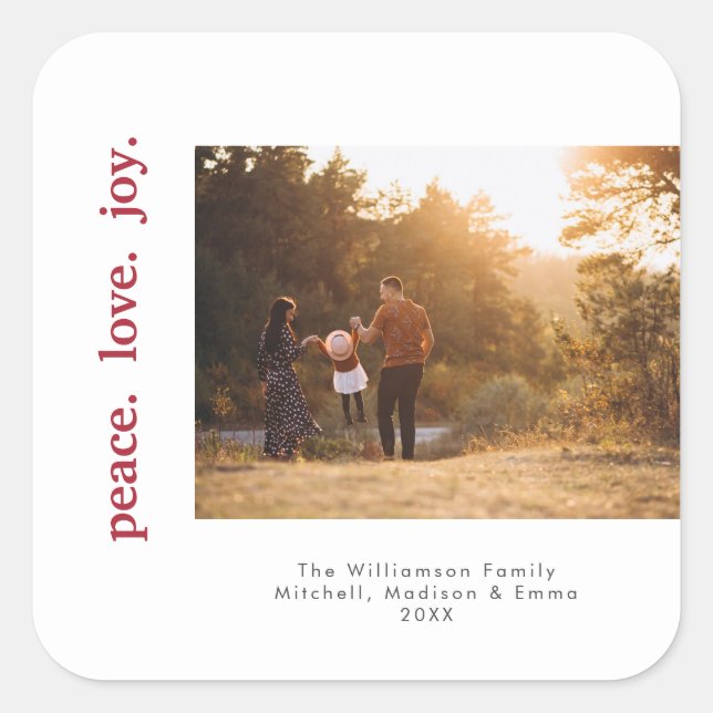 Adesivo Quadrado Peace Love Joy Holiday Christmas Family Photo (Frente)