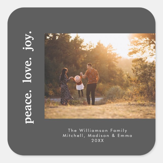 Adesivo Quadrado Peace Love Joy Holiday Christmas Family Photo (Frente)
