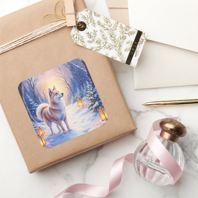 Adesivo Quadrado Peaceful Akita on Snow Lantern Path Christmas Dog  (Presentear)