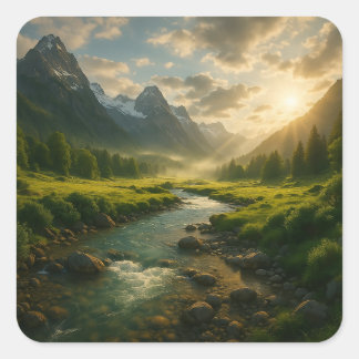 Adesivo Quadrado Peaceful Mountain River Nature Landscape Sticker