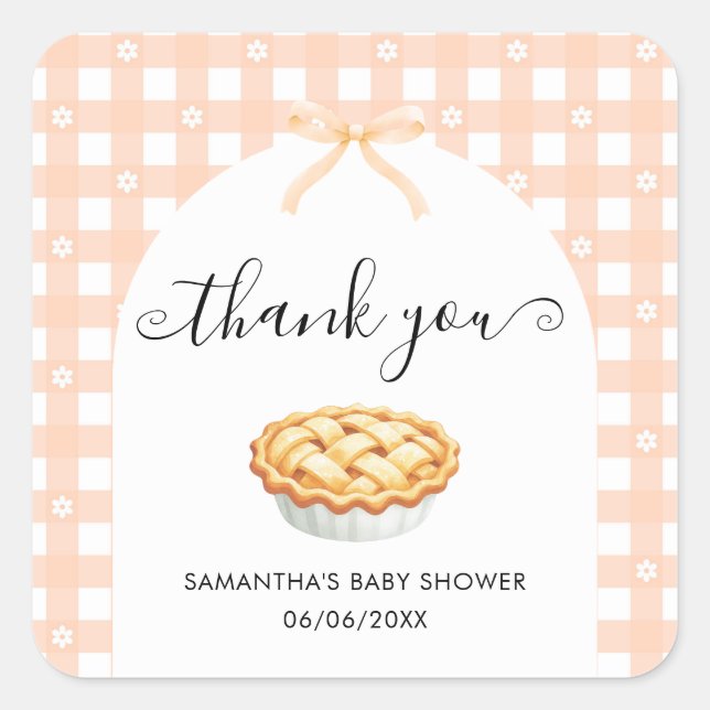 Adesivo Quadrado Peach Coquette Pie Baby Shower Thank You (Frente)