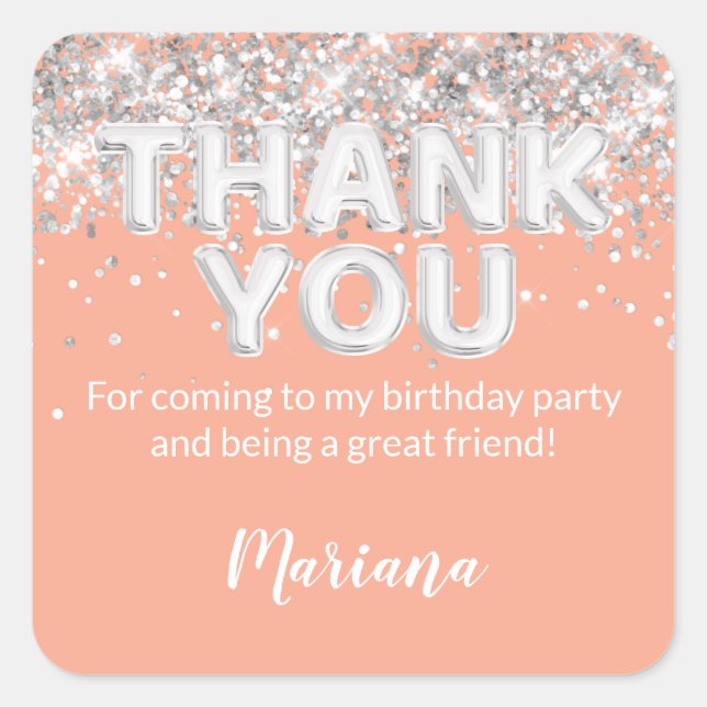 Adesivo Quadrado Peach e Silver Party Sticker para Favores (Frente)