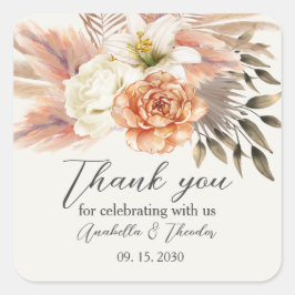 Adesivo Quadrado Peach Floral Weding Elegante Obrigado Sticker