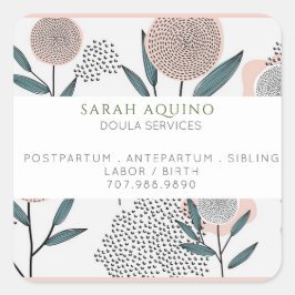 Adesivo Quadrado Peach Hand Drawn Floral Promocional Doula Business