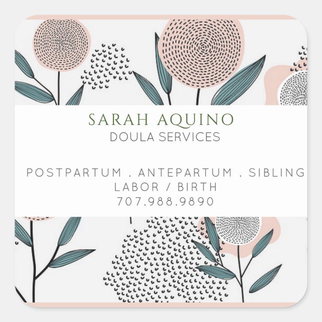 Adesivo Quadrado Peach Hand Drawn Floral Promocional Doula Business (Frente)