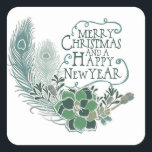 Adesivo Quadrado Peacock Feather Succult Merry Christmas Sticker<br><div class="desc">Belos adesivos de férias que não são tradicionais,  com penas e suculentos de pavão na lavanda,  azul-pavão e verde com texto tipográfico que diz Feliz Natal e Feliz ano novo! Temos os cartões com fotos de férias Peacock Feather Succulents,  etiquetas de endereço e selos de correio também!</div>