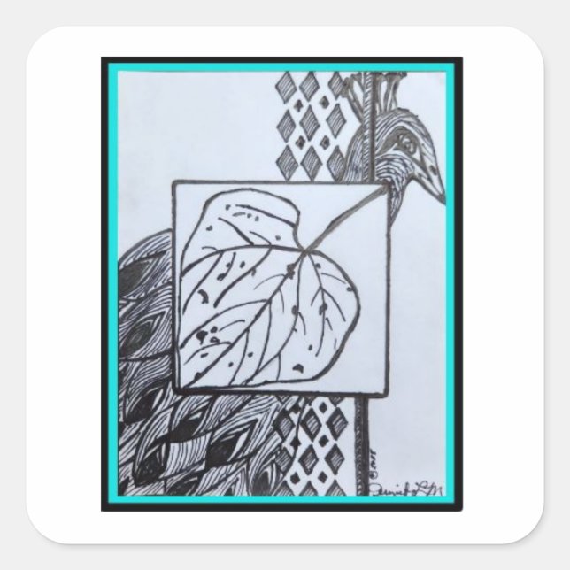 Adesivo Quadrado Peacock & Leaf Sticker -Blk & Turquoise (Frente)