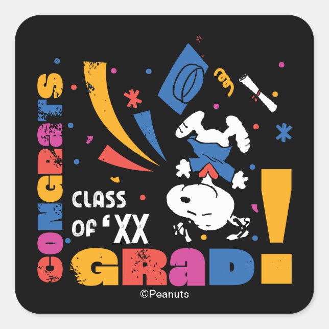 Adesivo Quadrado Peanuts Snoopy Congrats Grad Graduation Confetti (Frente)