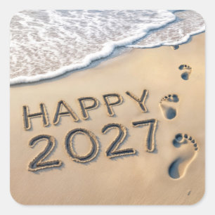 Adesivo Quadrado Pegadas na Praia do Ano Novo 2027