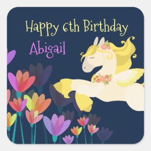 Adesivo Quadrado Pegasus e Flores Coloridas no Aniversário do Cava