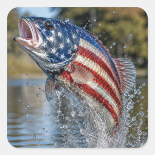 Adesivo Quadrado Peixe da Bandeira Americana Saltando da Água