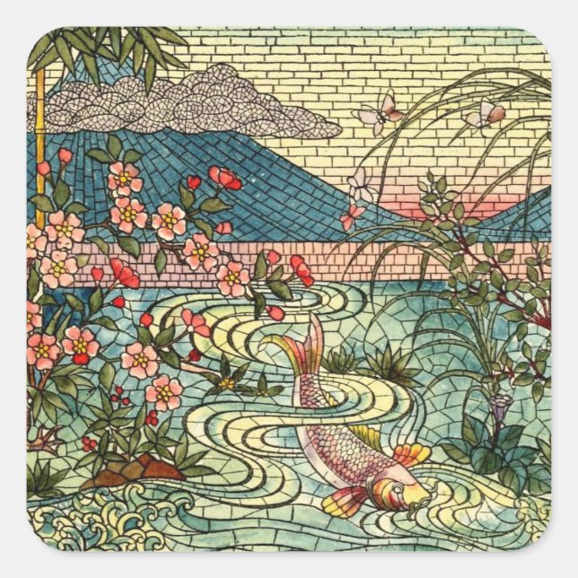 Adesivo Quadrado Peixe Design de vidro armazenado japonês (Frente)