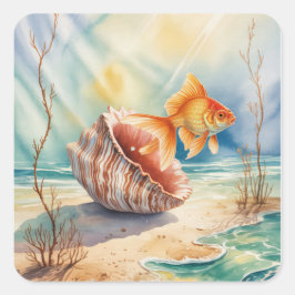Adesivo Quadrado Peixe-dourado-aquarela-coral