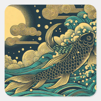 Adesivo Quadrado Peixe Dourado Koi Saltando Ondas A em Xilogravura