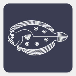 Adesivo Quadrado Peixe-Flounder Divertido de Branco sobre o Azul Ma