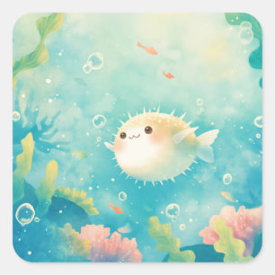 Adesivo Quadrado Peixe-Fugu Kawaii em Aquarela Berçário Submarino
