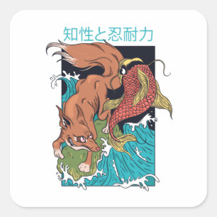 Adesivo Quadrado Peixe Koi com Design Japonês de Raposa