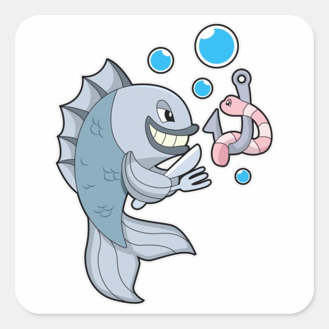 Adesivo Quadrado Peixes com gancho de peixe e verme (Frente)