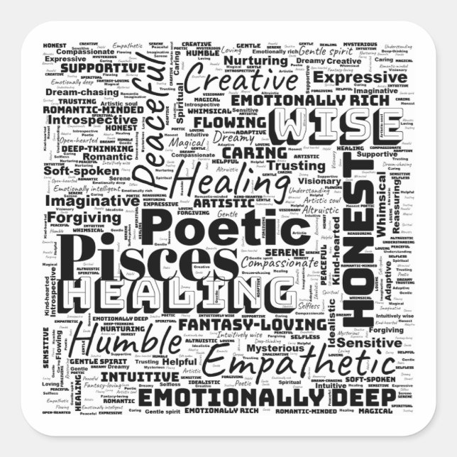 Adesivo Quadrado Peixes Zodiac Word Cloud Inspiration (Frente)
