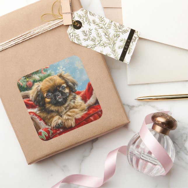 Adesivo Quadrado Pekingese Cachorro Natal Festivo (Presentear)