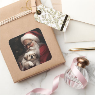 Adesivo Quadrado Pekingese com Papai Noel Natal Festivo