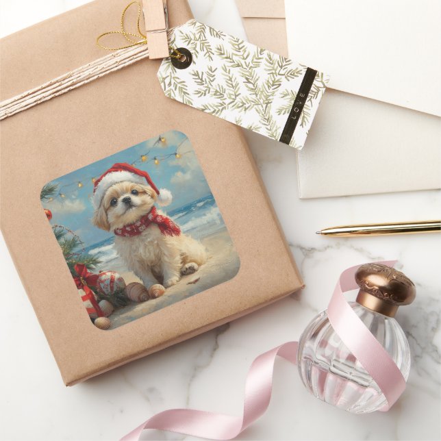 Adesivo Quadrado Pekingese Dog Christmas Vintage Beach (Presentear)