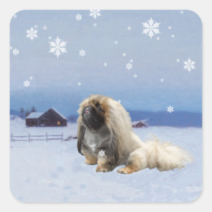 Adesivo Quadrado Pekingese no inverno