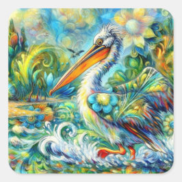 Adesivo Quadrado Pelicano no País das Maravilhas Amarelo Verde Flor