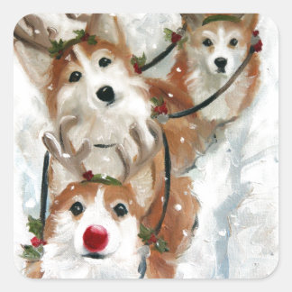 Adesivo Quadrado Pembroke welsh Corgi Christmas Reindeer