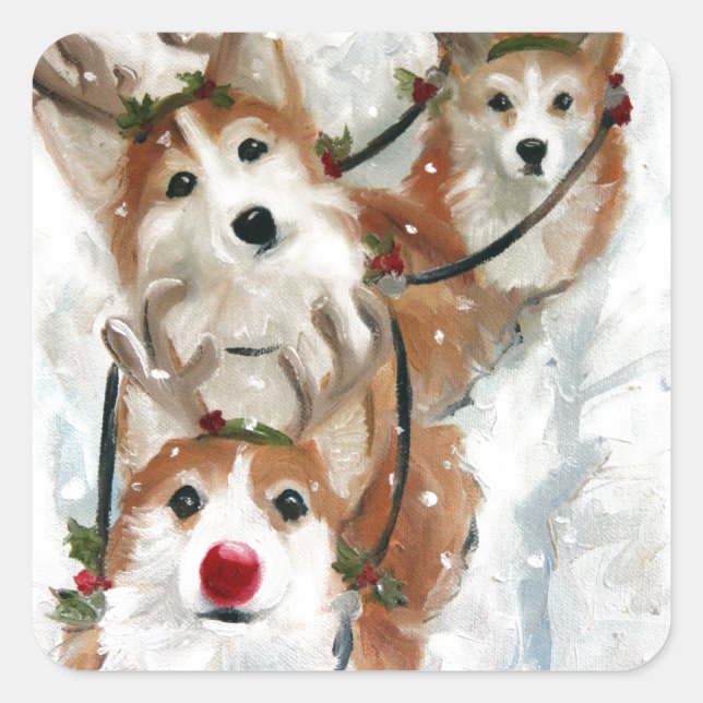 Adesivo Quadrado Pembroke welsh Corgi Christmas Reindeer (Frente)