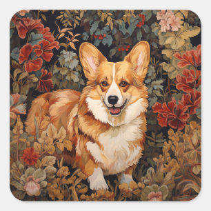 Adesivo Quadrado Pembroke Welsh Corgi num Jardim Flor Vitoriano