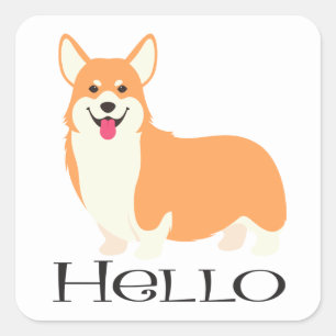 Adesivo Quadrado Pembroke Welsh Corgi Olá, Puppy Dog Cartoon