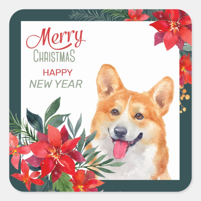 Adesivo Quadrado Pembroke Welsh Corgi Poinsettia Bouquet Christmas  (Frente)