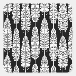Adesivo Quadrado Penas boho: padrão preto e branco