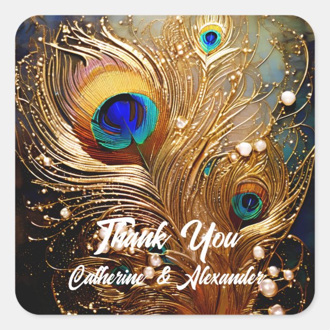 Adesivo Quadrado Penas de pavão, pérolas, plumas elegantes de luxo (Frente)
