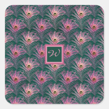 Penas de Pavão Rosa e Monograma em Verde Profundo