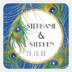 Adesivo Quadrado Penas de Peacock Azul Real com Glitter Faux Dourad