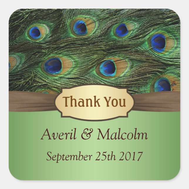 Adesivo Quadrado Penas de Peacock Casamento Obrigado (Frente)