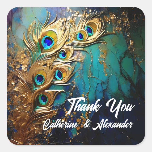 Adesivo Quadrado Penas de peacock, elegante esmeralda de luxo (Frente)