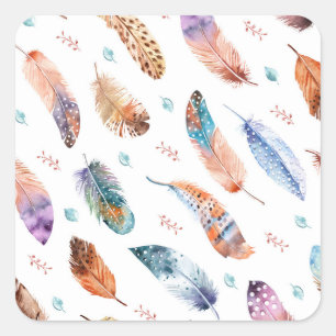 Adesivo Quadrado Penas Desenhadas à Mão: Padrão de Fundo Branco