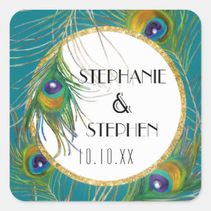 Adesivo Quadrado Penas Peacock Elegantes com Casamentos Glitter Dou