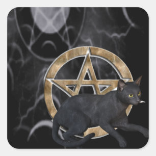 Adesivo Quadrado Pentacle de Wiccan com gato preto
