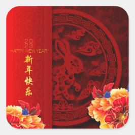 Adesivo Quadrado Peônias cortadas em papel com coelho chinês Ano No