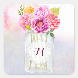 Adesivo Quadrado Peonias de Aquarela Rosas Rustic Mason Jar Wedding