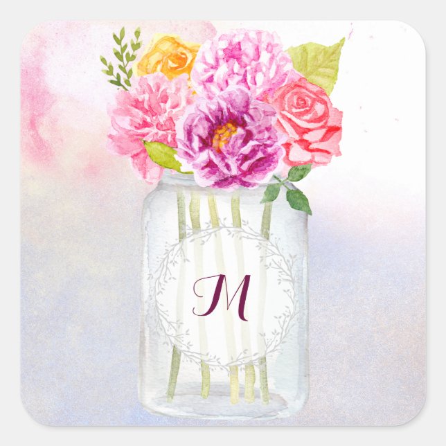 Adesivo Quadrado Peonias de Aquarela Rosas Rustic Mason Jar Wedding (Frente)