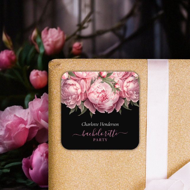 Adesivo Quadrado Peônias Rosa Festa de Solteira Preta (Pink Peonies Watercolor Black Bachelorette Party Square Sticker)