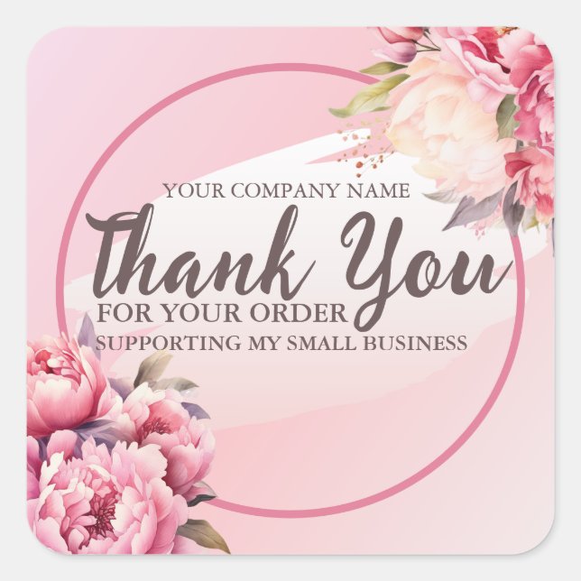 Adesivo Quadrado Peonias Rosa Suave Elegantes Agradecemos Sua Ordem (Frente)