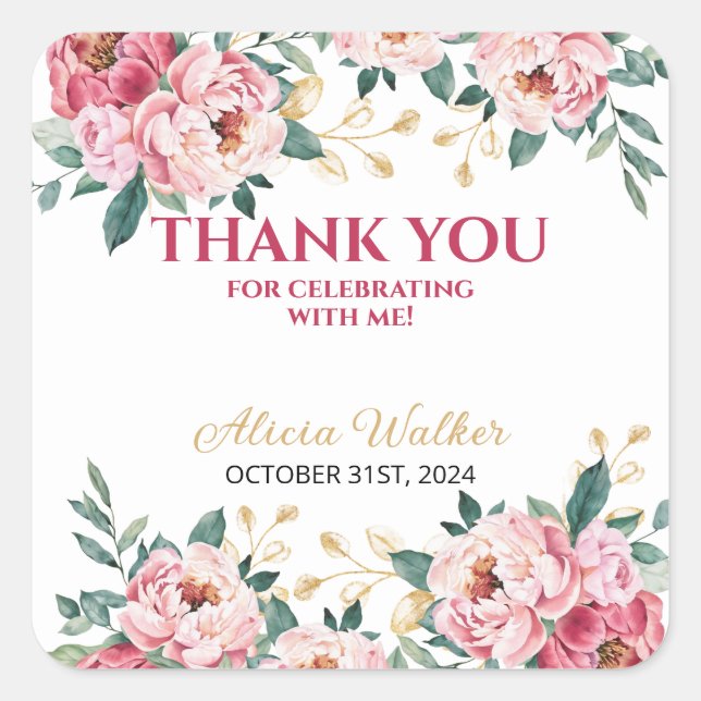 Adesivo Quadrado Pêonias Vermelhas Elegantes Flor Dourado Folha Ros (Frente)